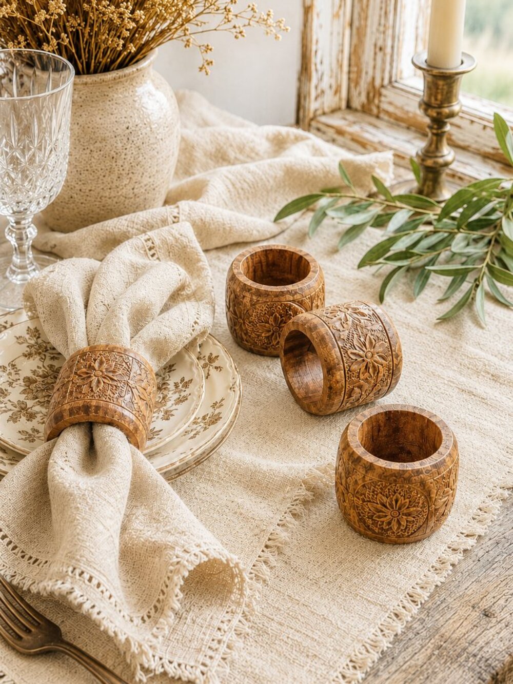 Set of 4 Vintage Primitive Hand Carved Tiki Wooden Napkin Rings